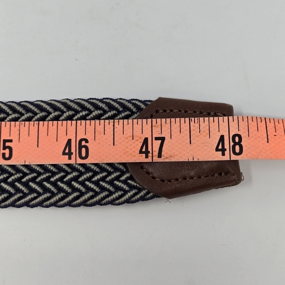 TOMMY BAHAMA BRAIDED WOVEN STRETCH BELT BLUE & KHAKI BROWN LEATHER END MEN L/XL - Picture 12 of 12